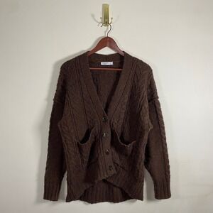 Arizona Chocolate Brown Cable Knit Cardigan Button Up Pockets Sm Oversized Cozy